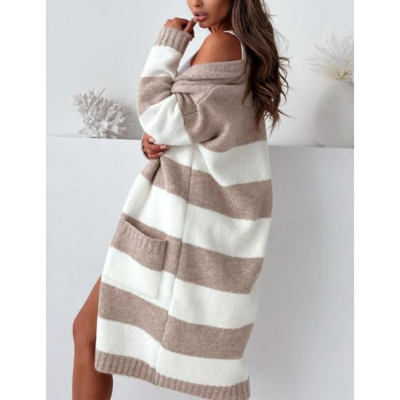 Women's Knit Cardigan Contrasting Color Stripes Open Front Pockets - Picture 2 of 3